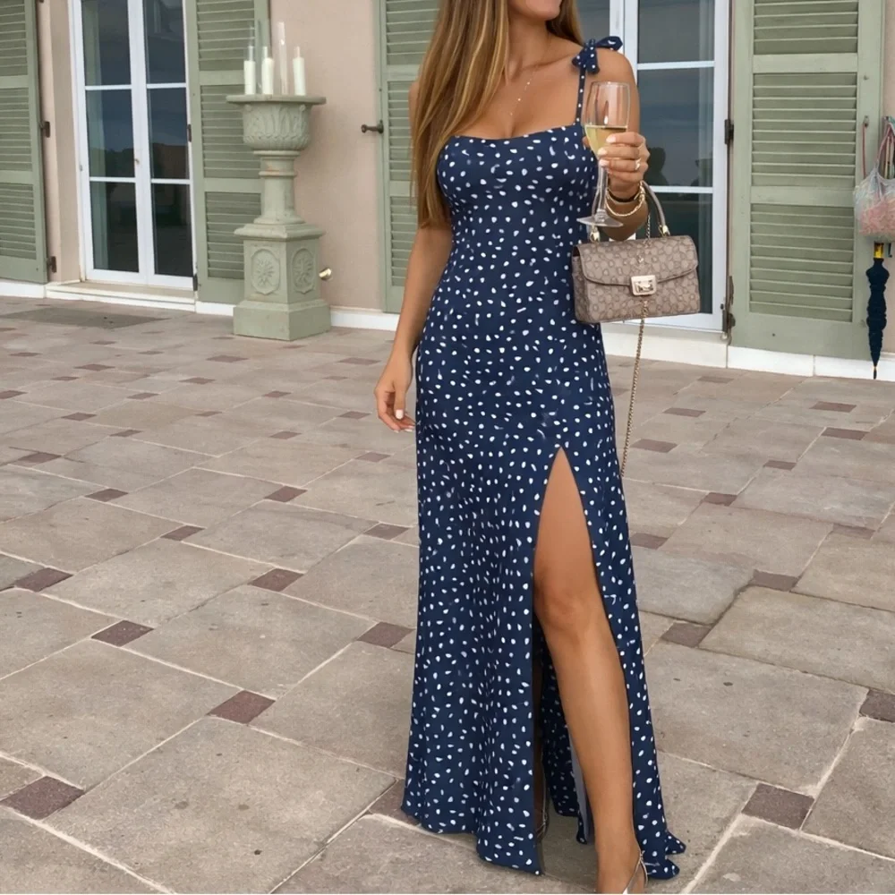 Abercrombie & Fitch Navy Polka-Spot Tie-Strap Maxi Dress